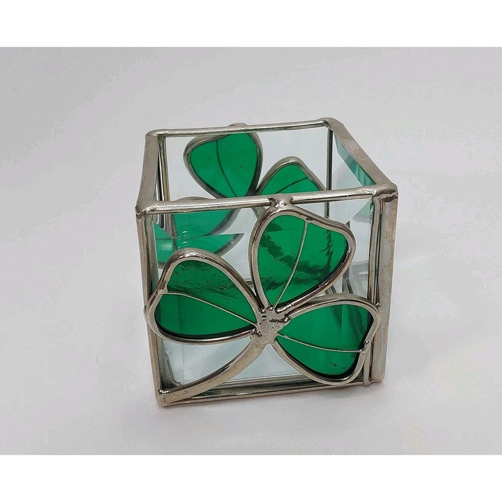 Vtg Stained glass Shamrock Clover Irish leaded framed tea light holder